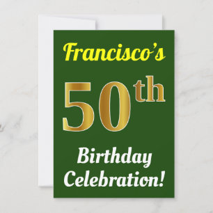 Green, Faux Gold 50th Birthday Celebration + Name Kaart