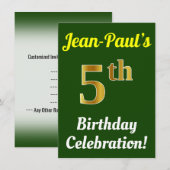 Green, Faux Gold 5th Birthday Celebration + naam Kaart (Voorkant / Achterkant)