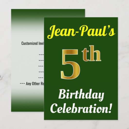 Green, Faux Gold 5th Birthday Celebration + naam Kaart (Voorkant / Achterkant)