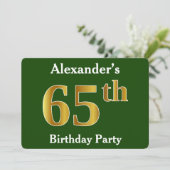 Green, Faux Gold 65th Birthday Party + aangepaste  Kaart (Staand voorkant)