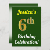 Green, Faux Gold 6th Birthday Celebration + naam Kaart (Voorkant / Achterkant)