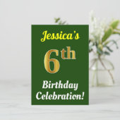 Green, Faux Gold 6th Birthday Celebration + naam Kaart (Staand voorkant)