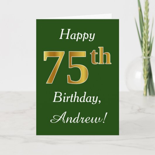 Green, Faux Gold 75th Birthday + Custom Name Kaart (Voorkant)
