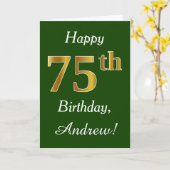 Green, Faux Gold 75th Birthday + Custom Name Kaart (Gele Bloem)