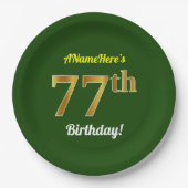 Green, Faux Gold 77th Birthday + aangepaste naam Papieren Bordje (Voorkant)