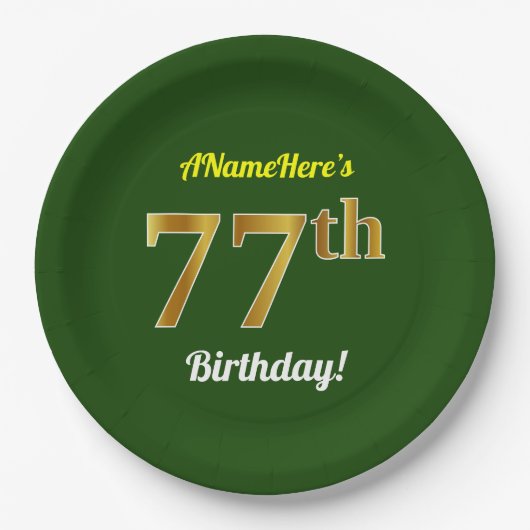 Green, Faux Gold 77th Birthday + aangepaste naam Papieren Bordje (Voorkant)