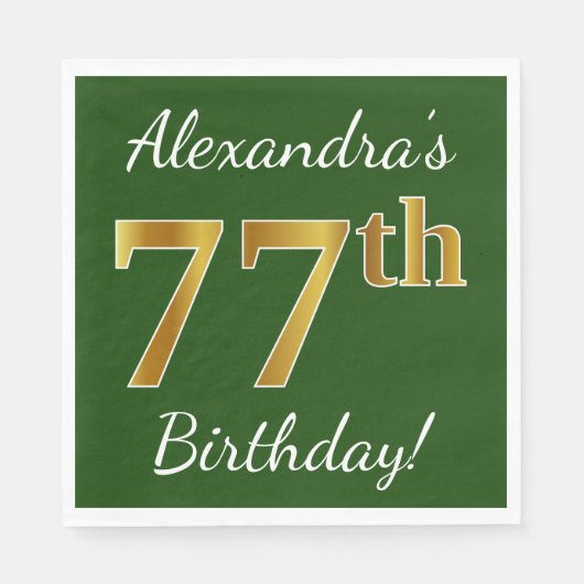 Green, Faux Gold 77th Birthday + aangepaste naam Servetten (Voorkant)