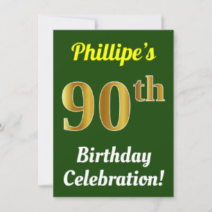 Green, Faux Gold 90th Birthday Celebration + Name Kaart