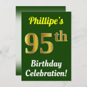Green, Faux Gold 95th Birthday Celebration + Name Kaart (Voorkant / Achterkant)