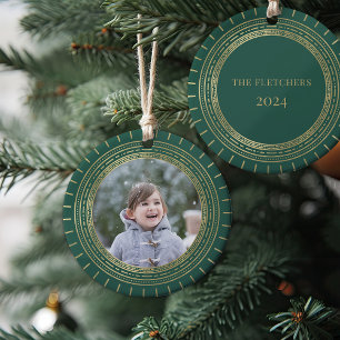 Green & Faux Gold Medallion Holiday Foto Keramisch Ornament