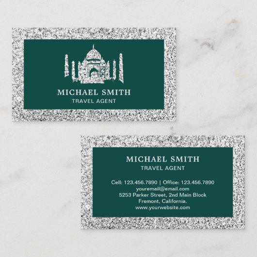 Green Faux Silver Glitter Taj Mahal Travel Agent Visitekaartje (Voorkant / Achterkant)