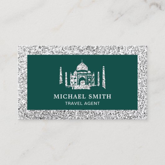 Green Faux Silver Glitter Taj Mahal Travel Agent Visitekaartje (Voorkant)