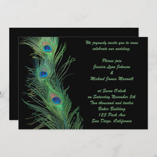 Green Feathers met Black Wedding Kaart (Voorkant / Achterkant)