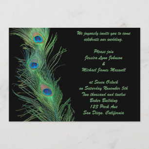 Green Feathers met Black Wedding Kaart