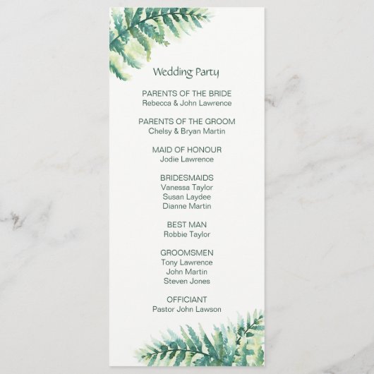 Green Fern Waterverf huwelijksprogramma's Programmakaart (Achterkant)