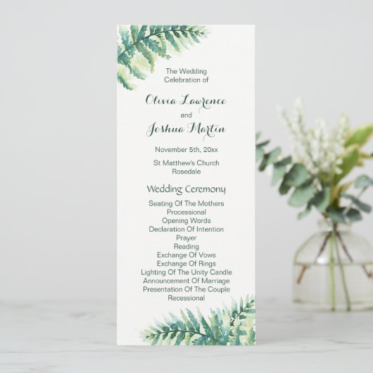 Green Fern Waterverf huwelijksprogramma's Programmakaart (Staand voorkant)
