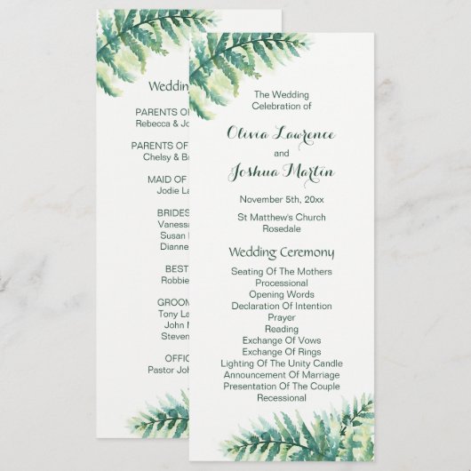 Green Fern Waterverf huwelijksprogramma's Programmakaart (Voorkant / Achterkant)