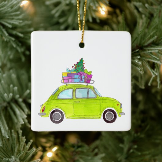 Green Fiat 500 met Waterverf met kerstcadeaus Keramisch Ornament (Boom)