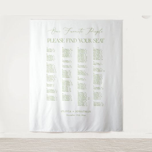 Green Find Your Seat Fabric Wedding Seating Chart Wandkleed (Voorkant)