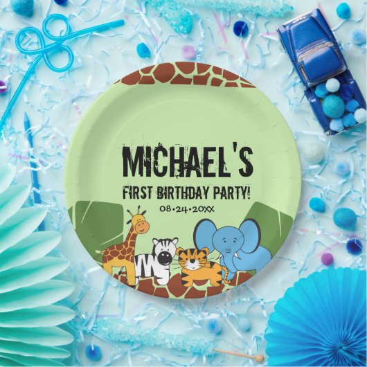 Green first Birthday Oerwoud Safari thema Papieren Bordje (Feest)