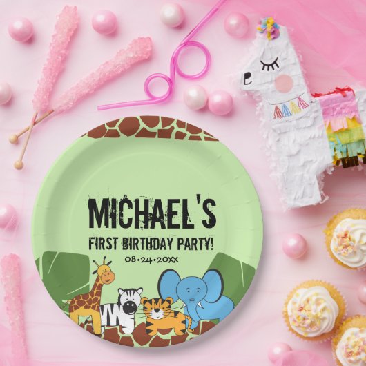 Green first Birthday Oerwoud Safari thema Papieren Bordje (Feest)