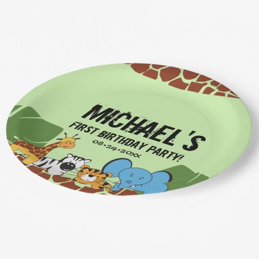 Green first Birthday Oerwoud Safari thema Papieren Bordje (Gekanteld)