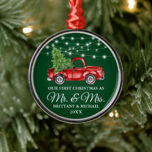 Green First Kerstmis Mr en Mrs Lights Truck Metalen Ornament