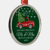 Green First Kerstmis Mr en Mrs Lights Truck Metalen Ornament (Rechts)