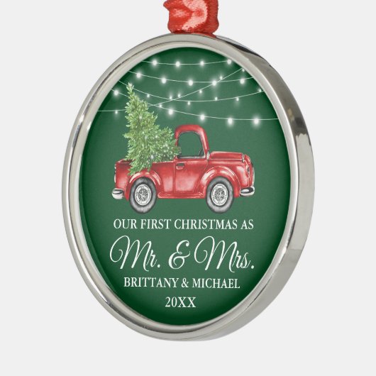 Green First Kerstmis Mr en Mrs Lights Truck Metalen Ornament (Links)
