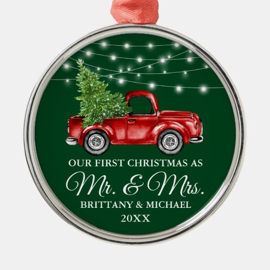 Green First Kerstmis Mr en Mrs Lights Truck Metalen Ornament (Voorkant)