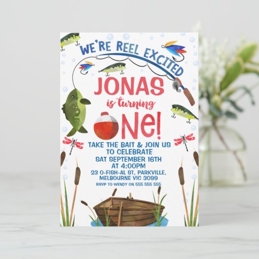Green Fish Reel Opgewonden Vist 1e Verjaardag Kaart (Staand voorkant)