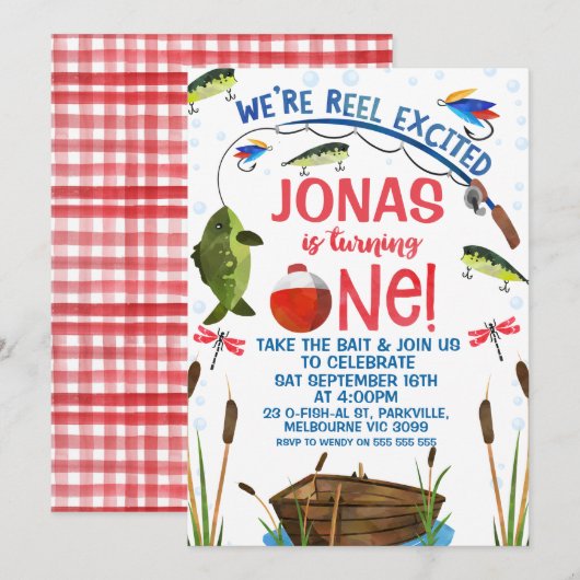 Green Fish Reel Opgewonden Vist 1e Verjaardag Kaart (Voorkant / Achterkant)