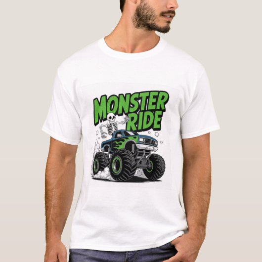 Green Flame Monster Truck with Funny Skeleton Ride T-shirt (Voorkant)