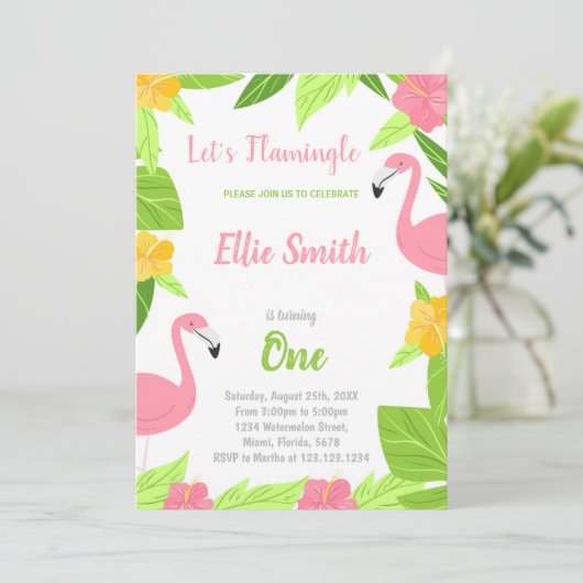Green Flamingo Birthday-uitnodigingen Kaart (Staand voorkant)