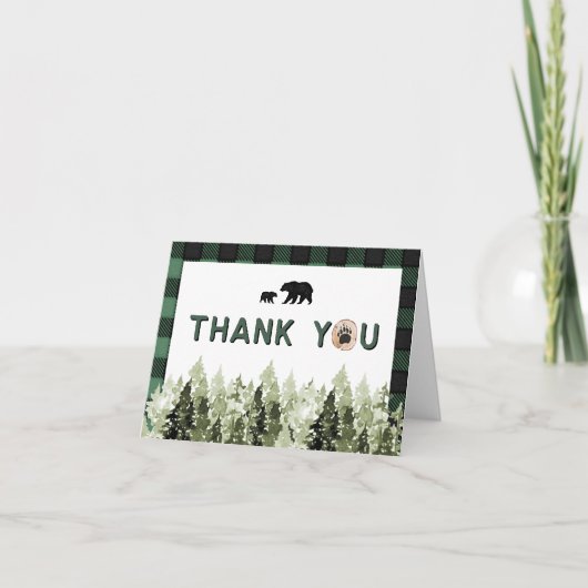 Green Flannel Bear Pine Tree Thank You Card (Voorkant)