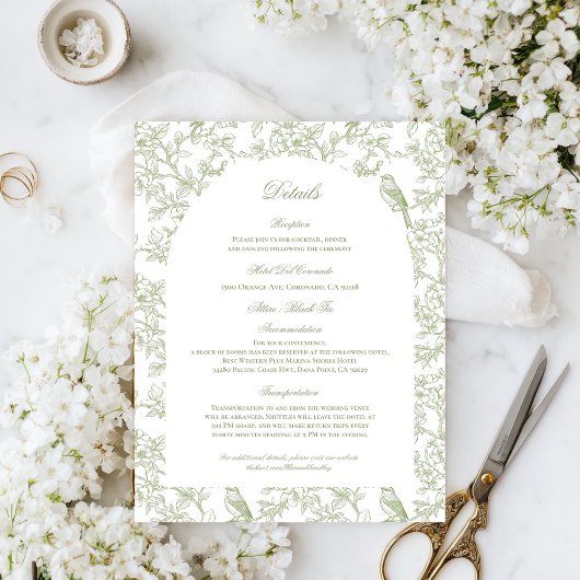 Green Floral and Bird Toile Enclosure Cards Informatiekaartje