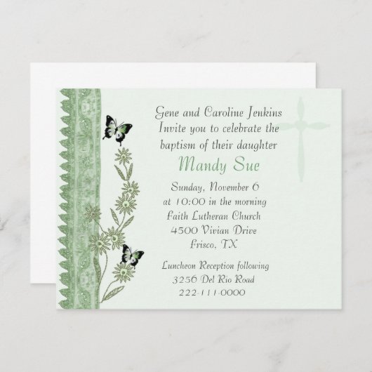 Green Floral Baptism Invitation Kaart (Voorkant / Achterkant)