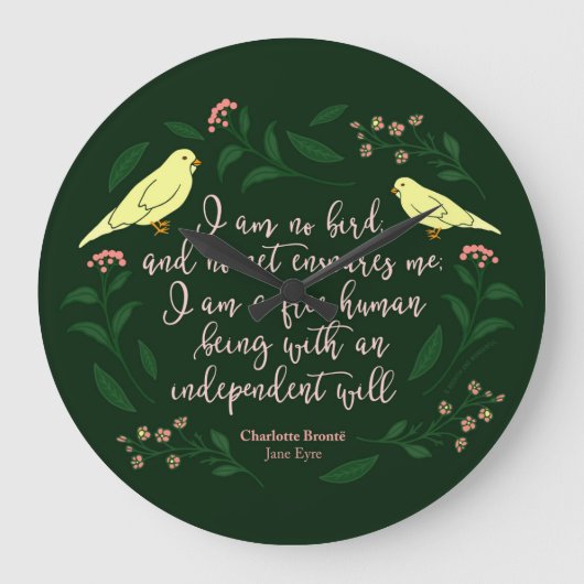 Green Floral Bird Charlotte Bronte Jane Eyre Quote Grote Klok (Voorkant)