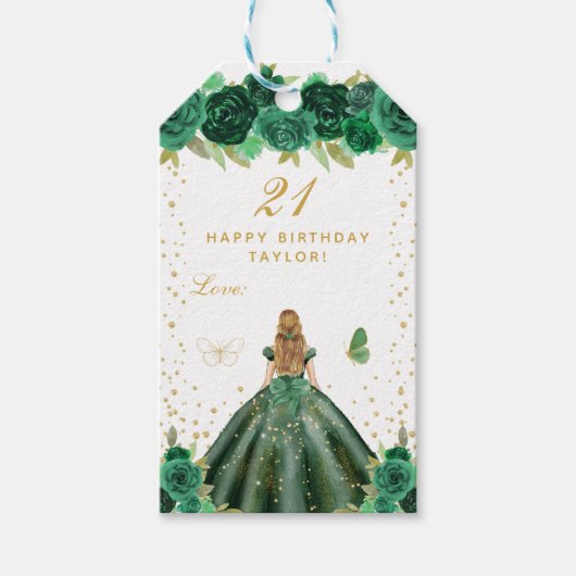 Green Floral Blonde Hair Girl Happy Birthday Cadeaulabel (Voorkant)