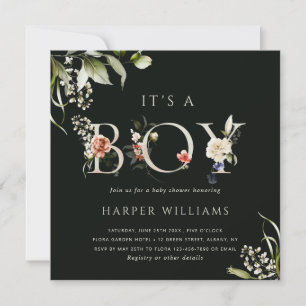 Green Floral Botanical Letter Boy Baby shower Kaart
