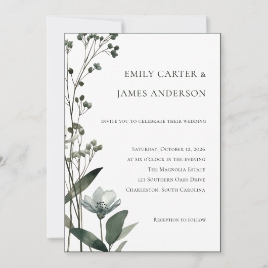 Green Floral Botanical Wedding Kaart (Voorkant)