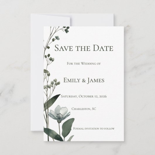 Green Floral Botanical Wedding Save The Date (Voorkant)
