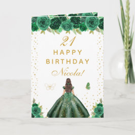 Green Floral Brunette Hair Girl Birthday Kaart