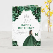 Green Floral Brunette Hair Girl Happy Birthday Kaart (Gele Bloem)
