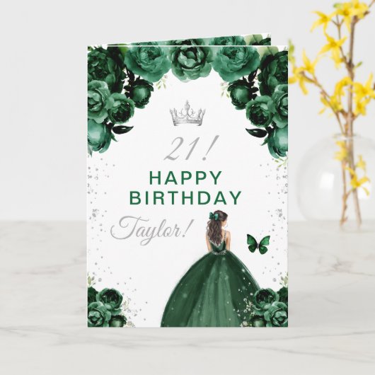 Green Floral Brunette Hair Girl Happy Birthday Kaart (Gele Bloem)