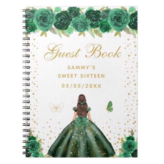 Green Floral Brunette Hair Princess Sweet Sixteen Notitieboek (Voorkant)