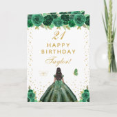 Green Floral Dark Skin Girl Happy Birthday Kaart (Voorkant)