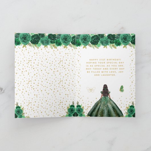 Green Floral Dark Skin Girl Happy Birthday Kaart (Binnen)