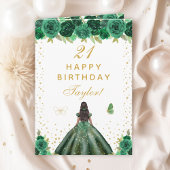 Green Floral Dark Skin Girl Happy Birthday Kaart