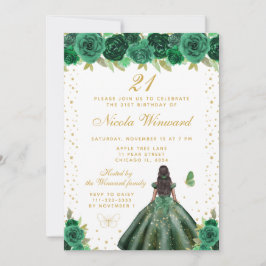 Green Floral Dark Skin Princess Birthday Party Kaart